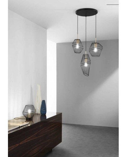 Lampadario a sospensione metallo nero oro 3 luci collezione kiko linea elica